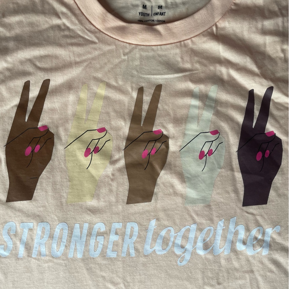 Light peach “Stronger Together” tee (youth M / women’s xs)